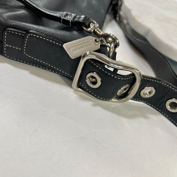 COA Coach Black Leather Shoulder Bag Tote Purse Duffle Tassel White Stitch Fring - Picture 14 of 15